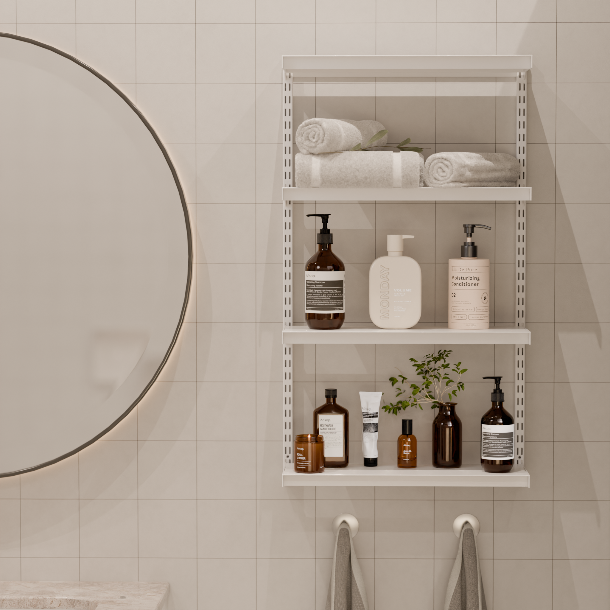 Adjustable modular metal shelves in a bathroom shelf with skincare products and towels against a tiled wall.