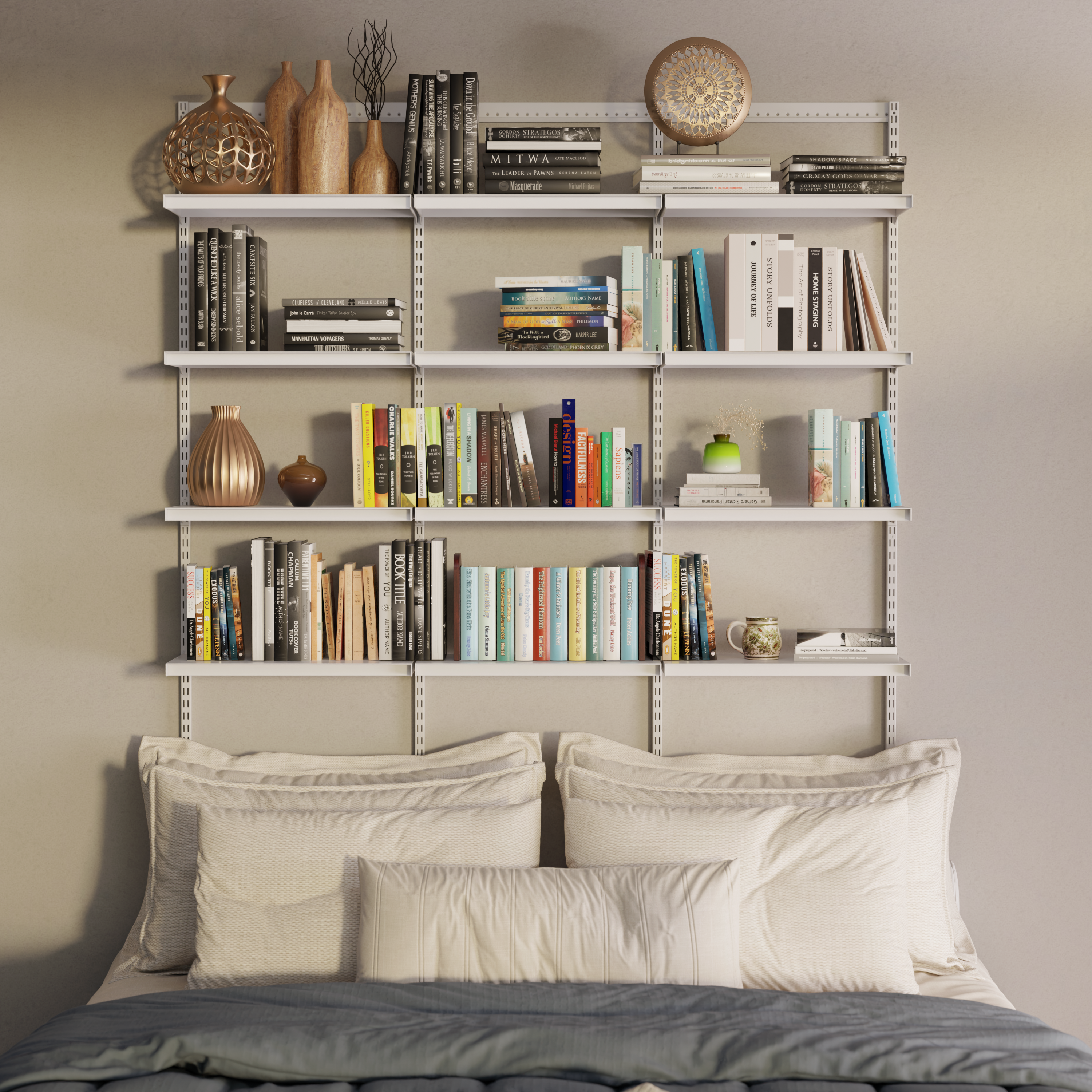 Wall-mounted adjustable metal modular shelving system with books and decor against a neutral wall, with pillows on a bed below.