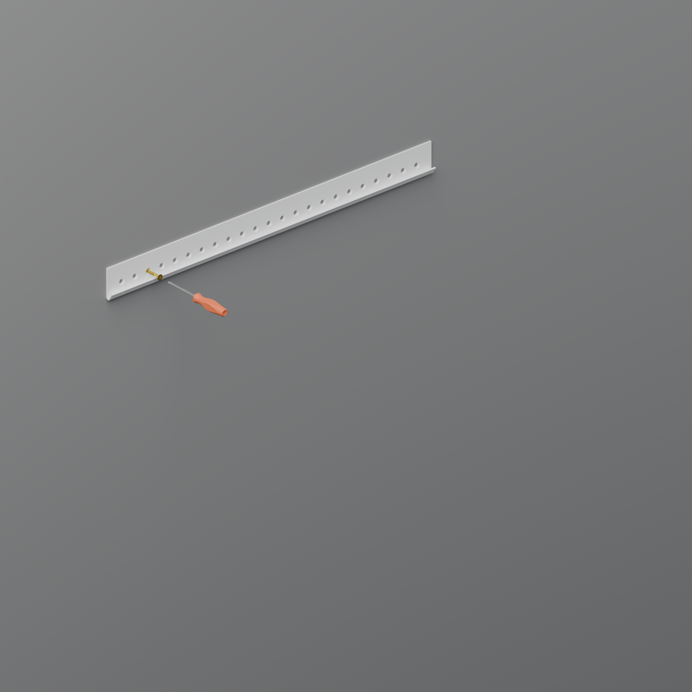 Hangtrack for an adjustable metal modular shelving system on a grey wall with orange-handled screwdriver and screw showing installation