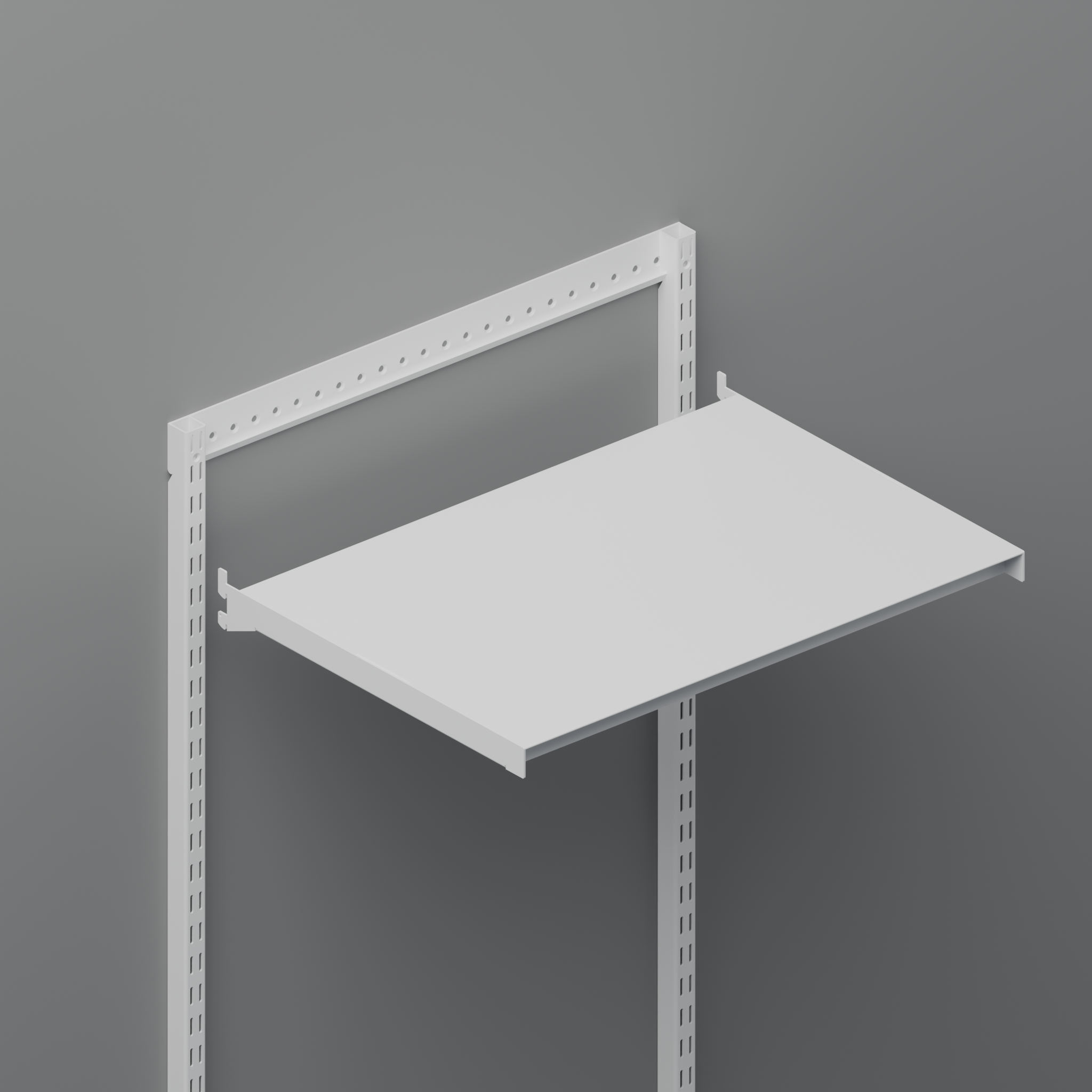 Adjustable shelving system hangtrack and standards mounted on a grey wall with a shelf about to be mounted to them
