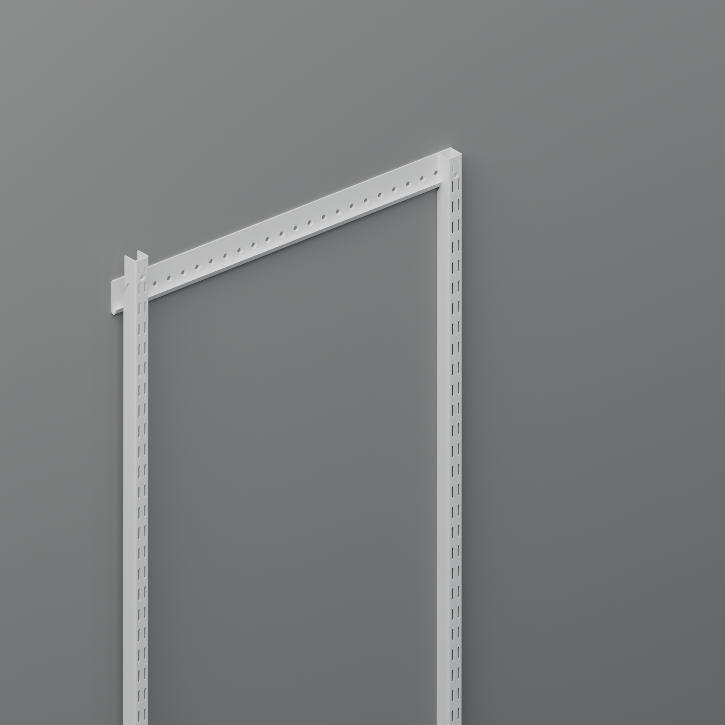 Adjustable modular metal shelving system hangtrack and standards mounted to a grey wall