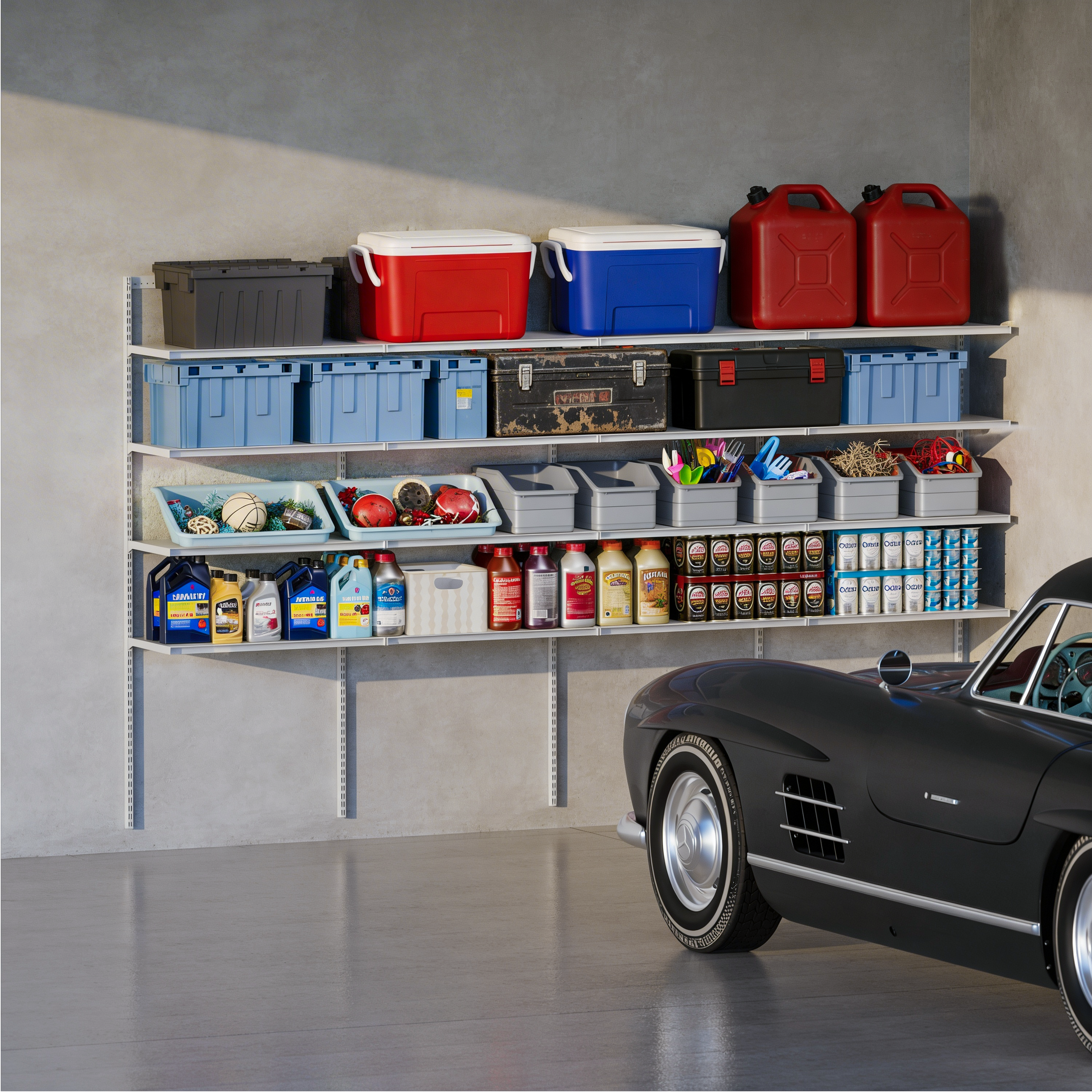 Modular adjustable garage storage system with shelves filled with various items and a classic car in the foreground.