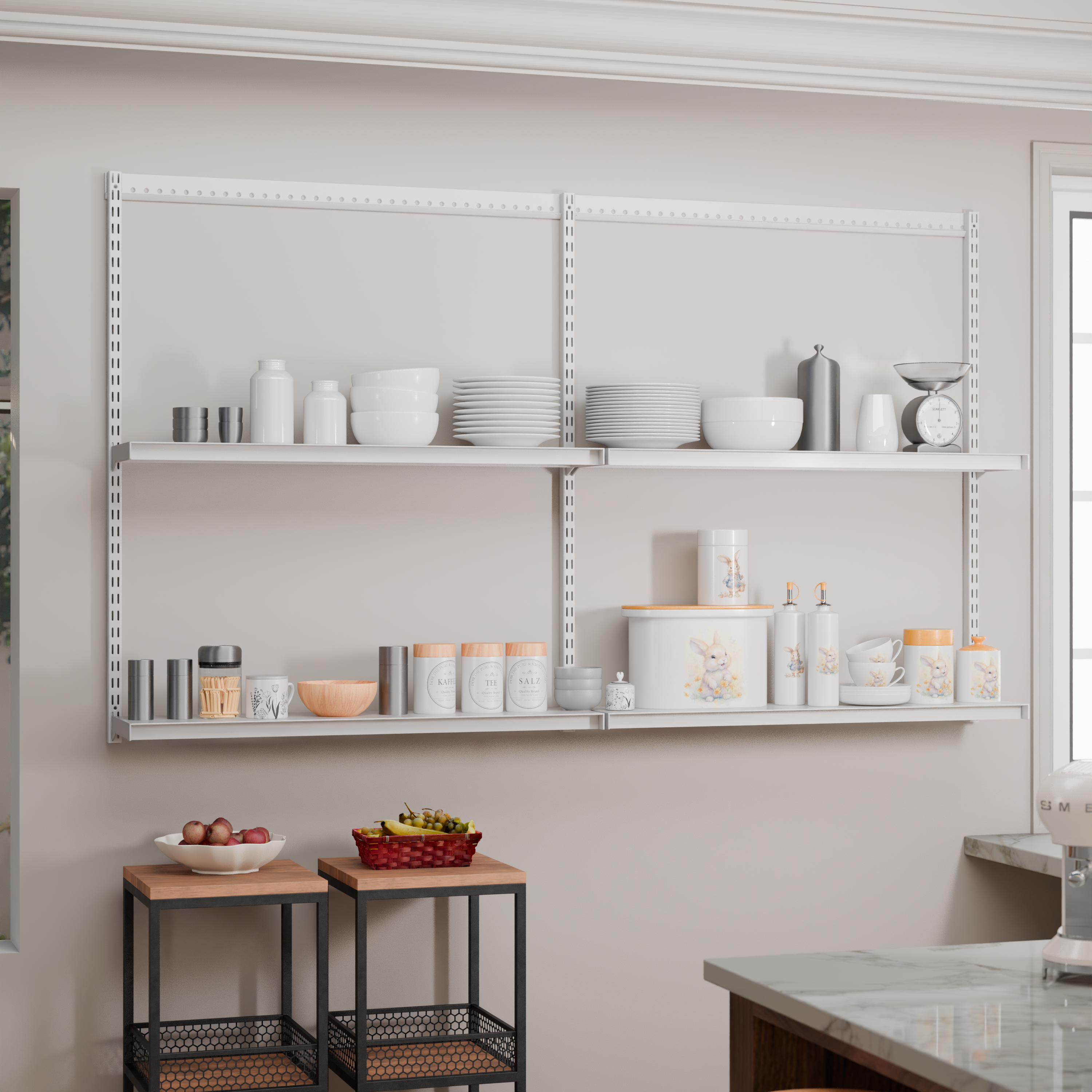 Adjustable modular metal shelving in a kitchen with various kitchenware against a light gray wall.