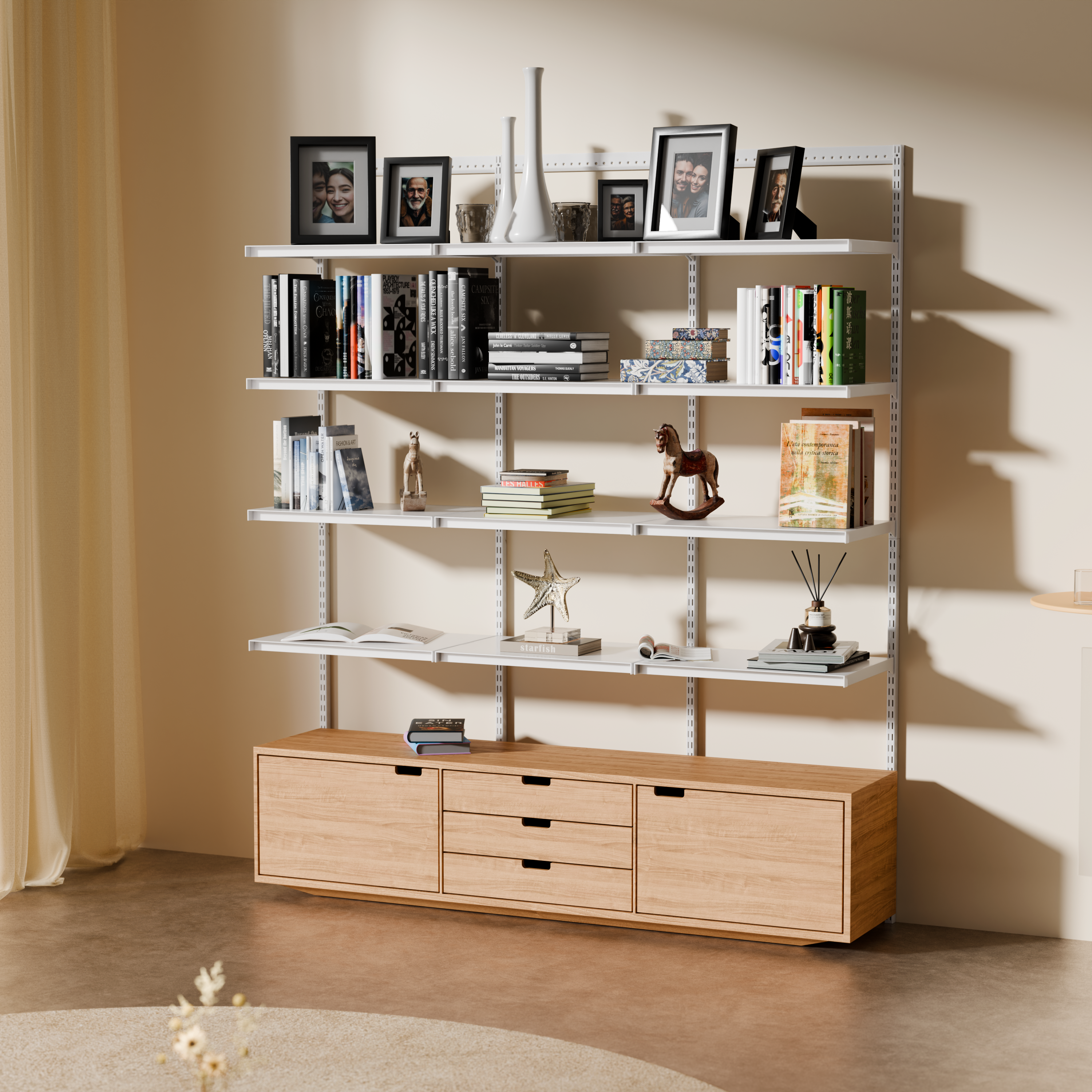 Adjustable modular metal shelves in use as a bookshelf with decorative items against a beige wall
