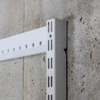 Close-up of steel shelving standard and wall-mounted hangtrack showing slot detail and mounting system