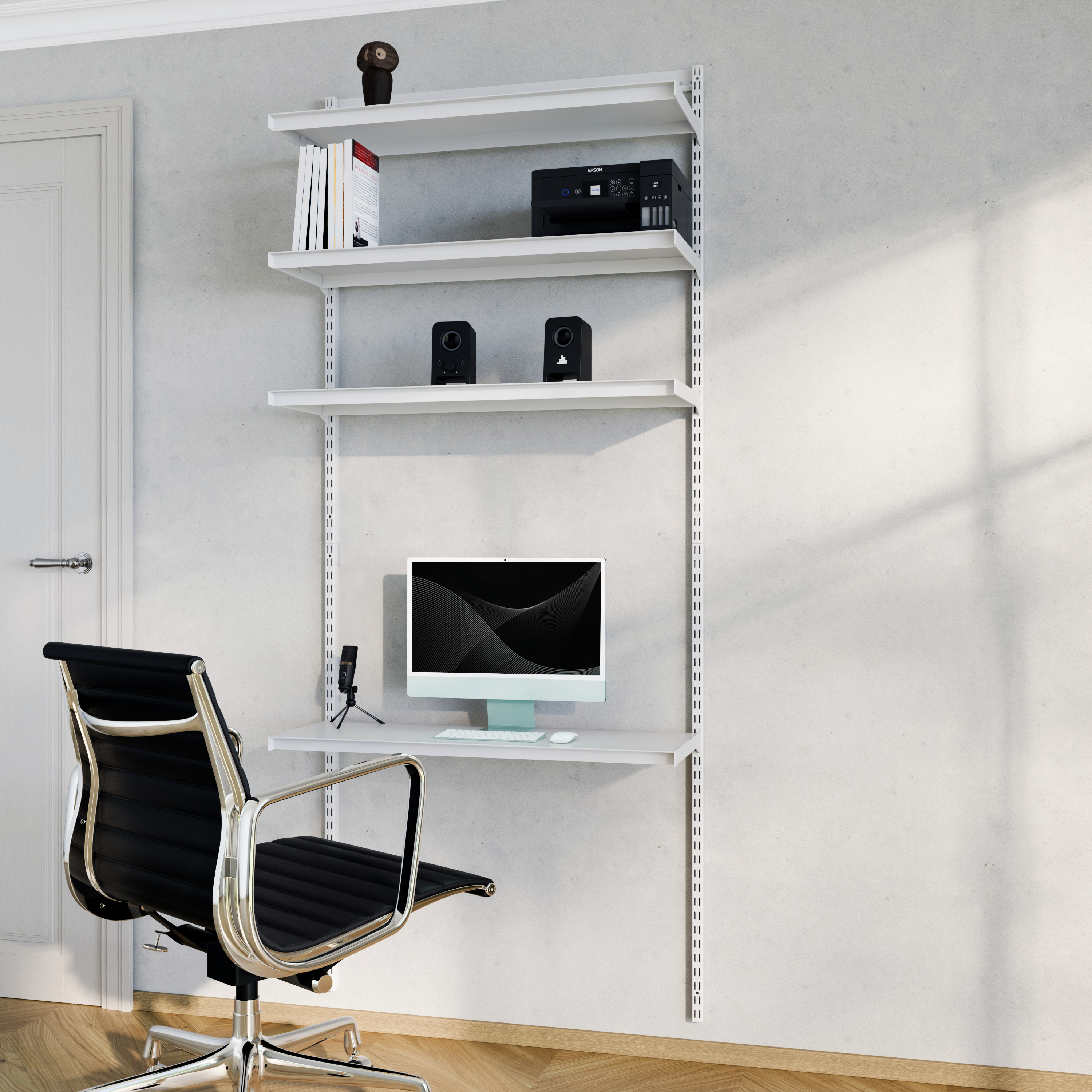 Adjustable wall-mounted modular shelving system in use as a desk with a computer, books, and speakers.