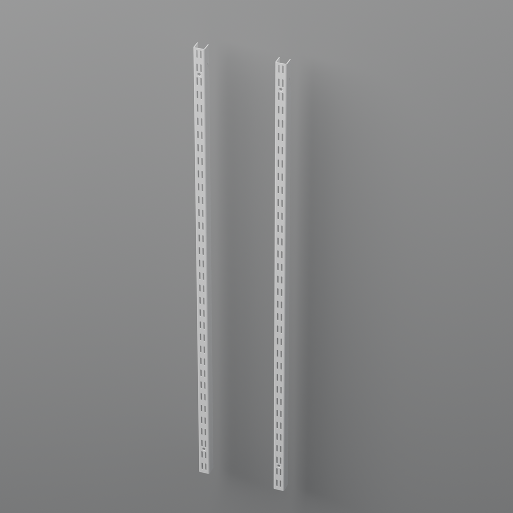 Adjustable modular metal shelving system standards against a grey background