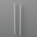 Adjustable modular metal shelving system standards against a grey background