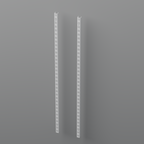 Adjustable modular metal shelving system standards against a grey background